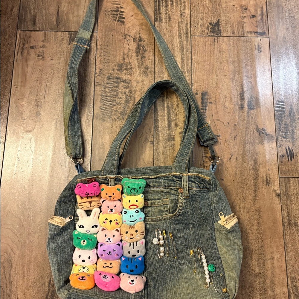 Denim Tote Bag with Colorful Plush Accents